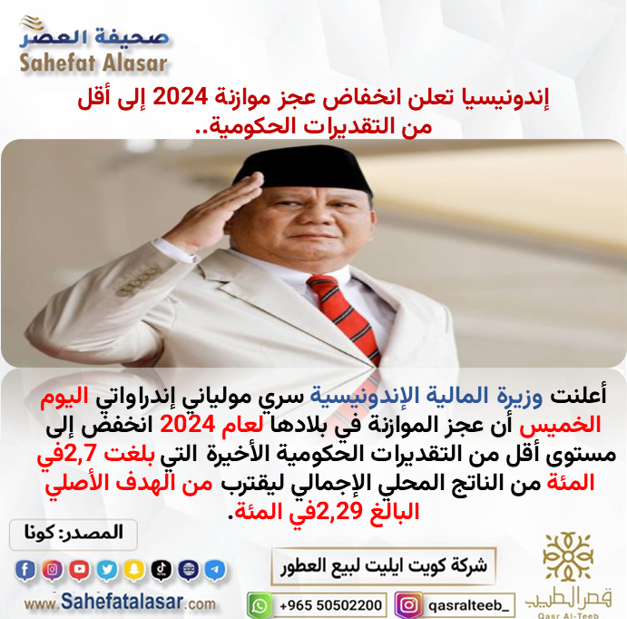 إندونيسيا تعلن انخفاض عجز موازنة 2024 إلى أقل من التقديرات الحكومية إندونيسيا تعلن انخفاض عجز موازنة 2024 إلى أقل من التقديرات الحكومية..