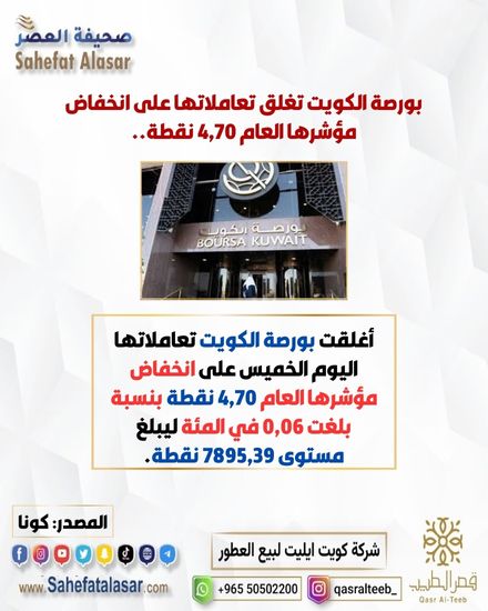 بورصة الكويت تغلق تعاملاتها على انخفاض مؤشرها العام 4,70 نقطة..
